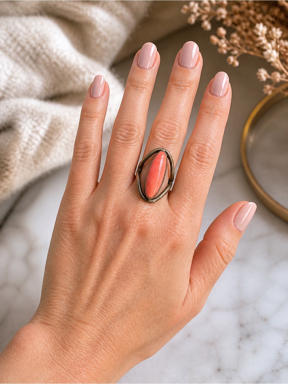 Vintage Taxco Sterling Silver Pink Coral Ring Size 10 Mexico .925 - Picture 7 of 7